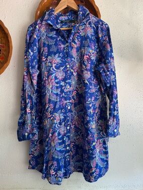 Lauren Ralph Lauren Royal Blue Floral Paisley Button-Down Sleep Shirt Size XL